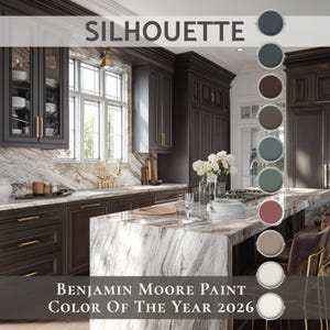 May include: A kitchen with dark brown cabinets, a marble countertop, and gold hardware. The text "SILHOUETTE" is at the top, and "BENJAMIN MOORE PAINT COLOR OF THE YEAR 2026" is at the bottom. Paint color samples are displayed on the right.