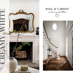 Peut inclure: Un guide de palette de couleurs intitul&eacute; WALL & CABINET color palette avec un &eacute;chantillon de peinture blanc cr&egrave;me. L'image montre une chemin&eacute;e avec un miroir dor&eacute;, un vase avec des branches et un escalier blanc avec un parquet.