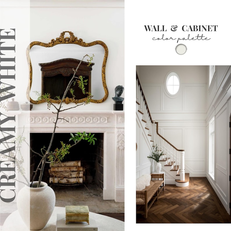 Peut inclure: Un guide de palette de couleurs intitul&eacute; WALL & CABINET color palette avec un &eacute;chantillon de peinture blanc cr&egrave;me. L'image montre une chemin&eacute;e avec un miroir dor&eacute;, un vase avec des branches et un escalier blanc avec un parquet.