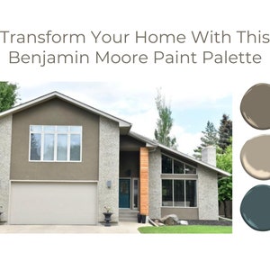 Benjamin Moore exterior paint palette, exterior paint scheme, whole home paint palette, modern home paint color, taupe paint palette, exterior paint color, designer paint color, Benjamin Moore paint scheme, front door paint color, neutral house color