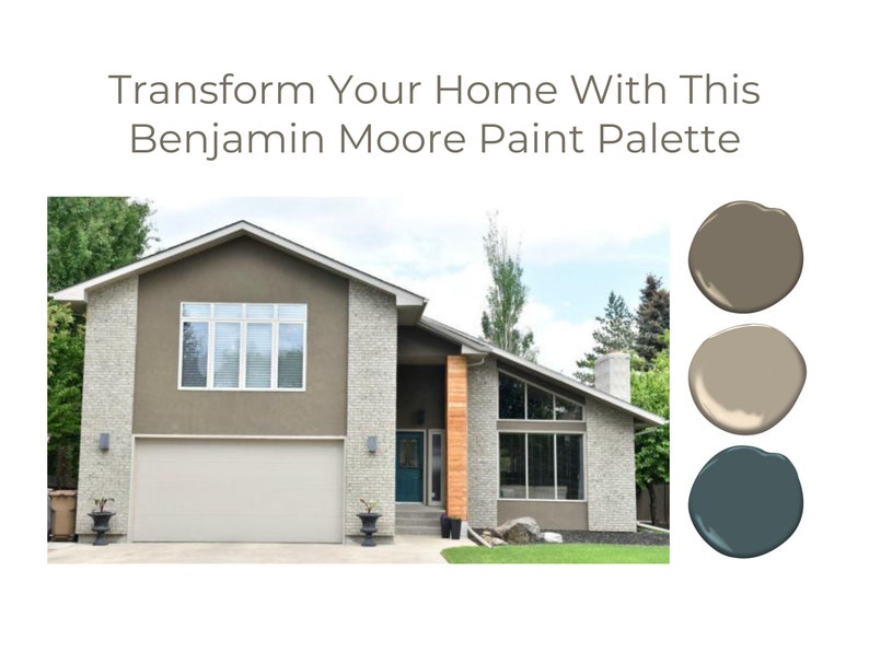 Benjamin Moore exterior paint palette, exterior paint scheme, whole home paint palette, modern home paint color, taupe paint palette, exterior paint color, designer paint color, Benjamin Moore paint scheme, front door paint color, neutral house color