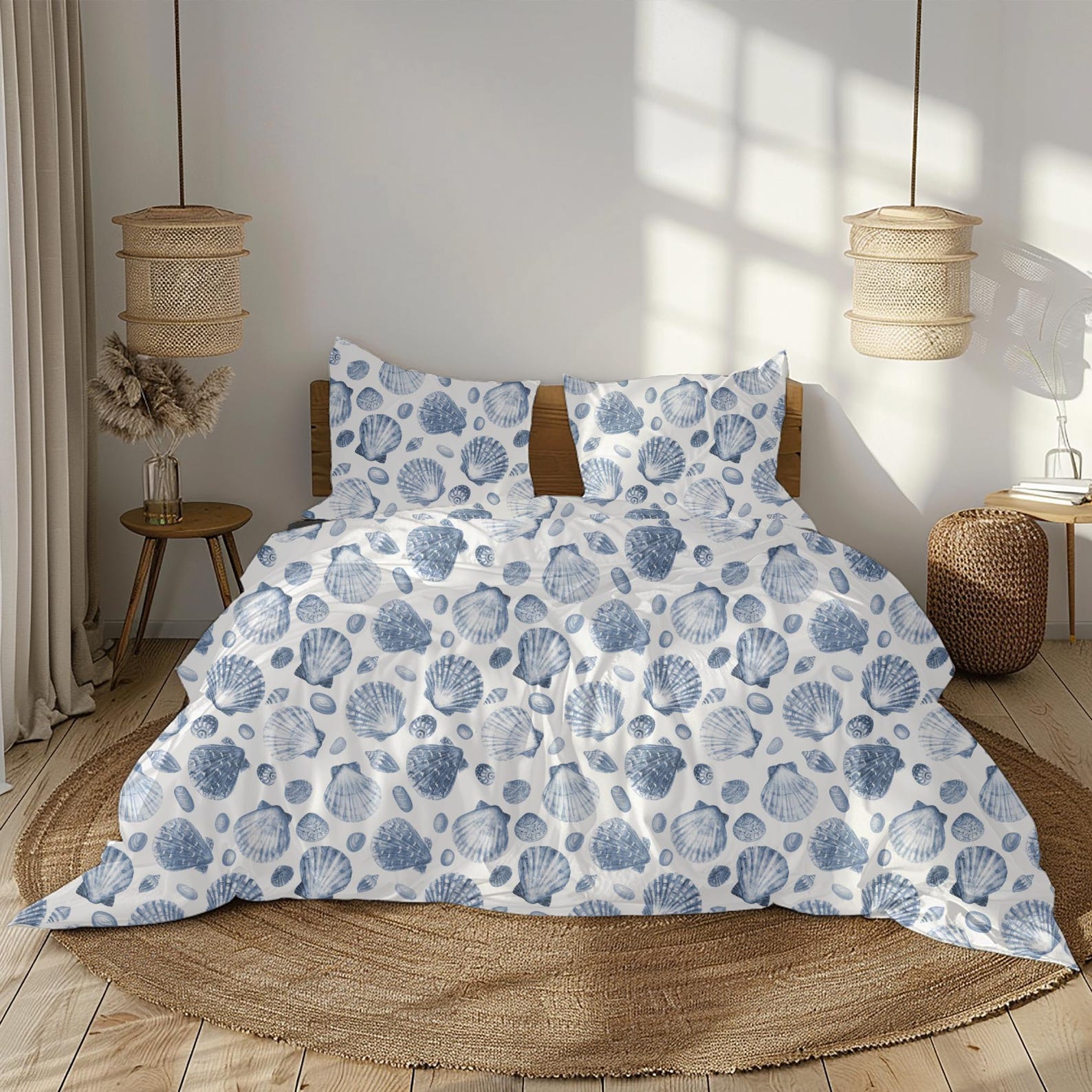 Seashell Duvet Cover Blue Nautical Bedding King Beach House Decor