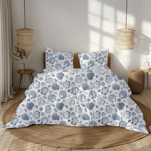 Seashell Duvet Cover Blue Nautical Bedding King Beach house Decor Ocean Bed Set Sea Shell Trend Yacht Sea Themed Comforter Coastal Bed Throw