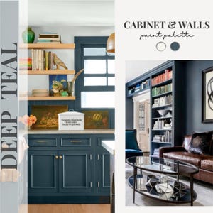 May include: A kitchen and living room interior design featuring deep teal cabinets and walls. The image includes wooden shelves with books and decor, a white countertop, and a brown leather sofa. The text "DEEP TEAL" and "CABINET & WALLS paint palette" are visible.