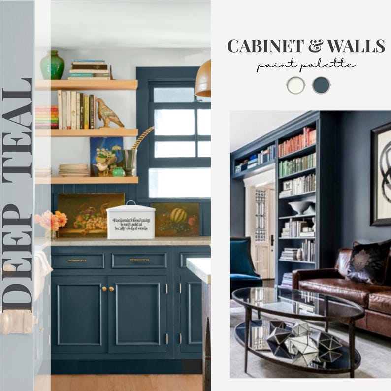 May include: A kitchen and living room interior design featuring deep teal cabinets and walls. The image includes wooden shelves with books and decor, a white countertop, and a brown leather sofa. The text "DEEP TEAL" and "CABINET & WALLS paint palette" are visible.