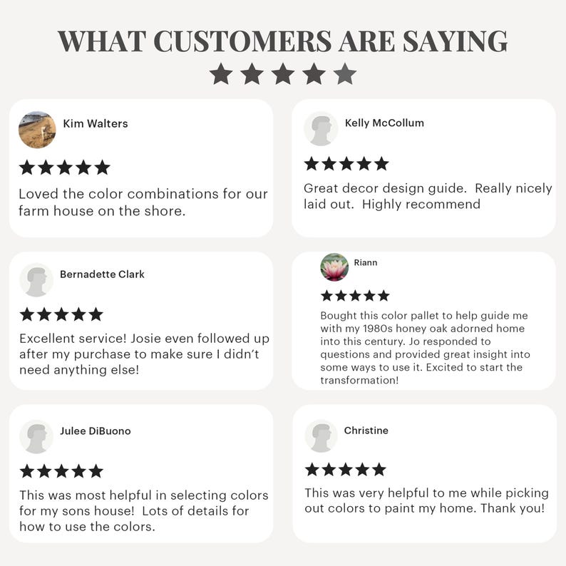 May include: Image featuring customer testimonials with five-star ratings. Text reads "WHAT CUSTOMERS ARE SAYING" at the top. Testimonials include comments about color combinations, decor guides, and service.