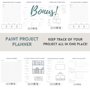 May include: A printable paint project planner with sections for bedroom, home, kitchen, bathroom, furniture, and a paint calculator. The planner includes room layouts, paint color swatches, and a paint calculator.