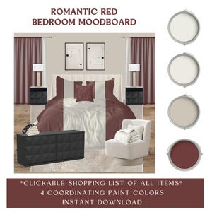 Tablero de estado de ánimo de diseño de interiores Idea de diseño de dormitorio de lujo Paleta de colores de pintura roja de Benjamin Moore Guía de compra de productos estéticos de habitación burdeos