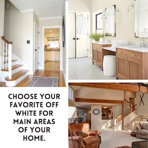 May include: A collage of three images showcasing different interior design styles. The first image shows a white staircase with wooden steps and a white railing. The second image shows a bathroom with a white vanity, a white stool, and a white tiled floor. The third image shows a living room with a brown leather armchair, a wooden coffee table, and a white rug. The text "CHOOSE YOUR FAVORITE OFF WHITE FOR MAIN AREAS OF YOUR HOME." is displayed in the center of the collage.