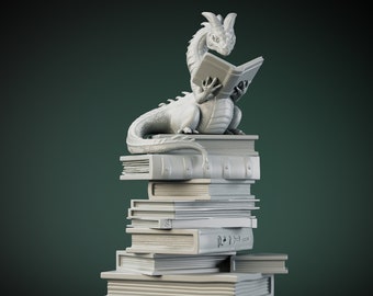 Dragon Reading Book Statue, 3D Printed Resin Art Sculpture, Outdoor Garden Decor, Home Desk Ornament