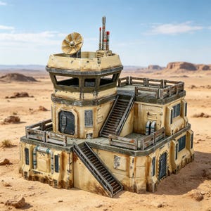 May include: A miniature desert outpost building featuring a weathered beige exterior with dark gray accents, a raised observation tower with a satellite dish, multiple staircases, fenced balconies, and industrial piping details on the walls.
