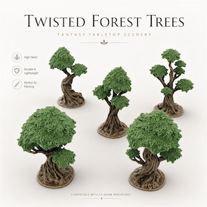 Op de afbeelding: Vijf miniatuurbomen met bruine, getextureerde stammen en groene bladerkronen voor tabletop-spellen. De tekst luidt Twisted Forest Trees, Fantasy Tabletop Scenery, High Detail, Durable & Lightweight, Perfect for Painting en Compatible with 25-32mm miniatures.