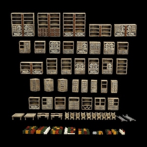 May include: A collection of miniature wooden furniture pieces, including bookshelves, cabinets, tables, chairs, and ladders. The furniture is painted in shades of brown and beige, with intricate carved details. Ideal for tabletop gaming or model building.