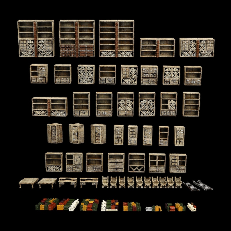 May include: A collection of miniature wooden furniture pieces, including bookshelves, cabinets, tables, chairs, and ladders. The furniture is painted in shades of brown and beige, with intricate carved details. Ideal for tabletop gaming or model building.