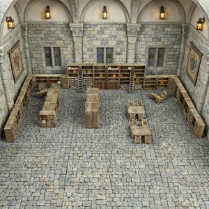 May include: A miniature library diorama with stone walls, arched ceilings, and wooden bookshelves filled with books. The scene includes tables, chairs, and decorative wall hangings, creating a detailed and immersive environment.
