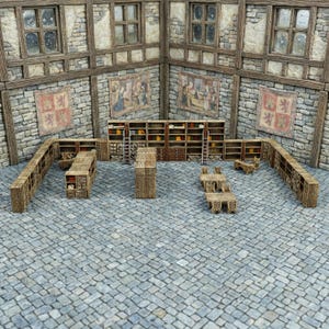 May include: A miniature medieval library diorama with stone walls, wooden bookshelves, tables, and chairs. The scene includes ladders, tapestries, and a cobblestone floor, creating a detailed and immersive setting for tabletop gaming or display.