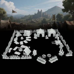 May include: A white miniature model of a medieval encampment, including tents, a cart, and camp accessories. The scene features a backdrop of a castle, tents, and a landscape with a blue sky.