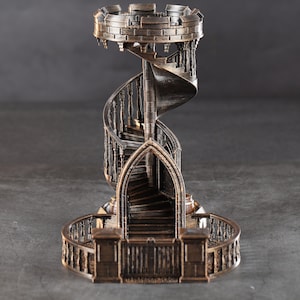 May include: A detailed miniature of a spiral staircase with a stone-like finish. The staircase is surrounded by a decorative railing and has a small platform at the top.