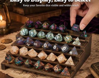 May include: A tiered wooden display stand with four rows designed to hold polyhedral dice. The stand features a dark, weathered finish and is filled with various multi-colored dice. Text on the image reads: Easy to Display, Easy to Select.