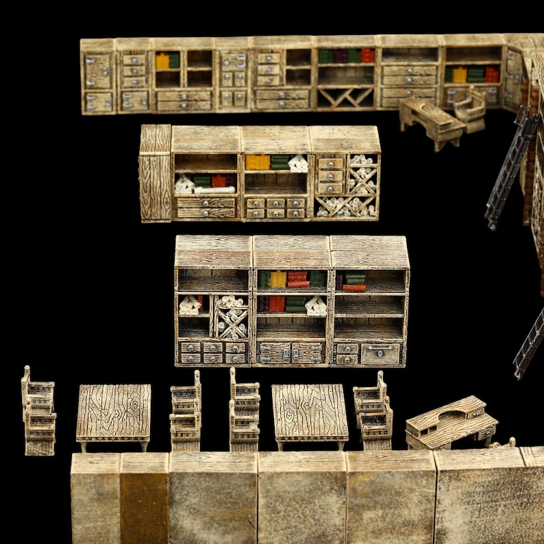 May include: Miniature wooden furniture set, including bookshelves, desks, chairs, and a ladder. The bookshelves have drawers and shelves filled with books and decorative items. The set is painted in shades of brown and beige.