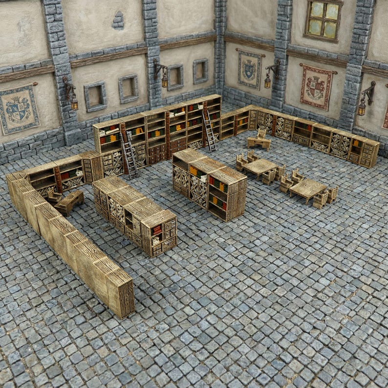 May include: A miniature medieval library set with wooden bookshelves, tables, and chairs. The set includes ladders for accessing the upper shelves. The scene is set on a cobblestone floor, with stone walls and decorative banners.