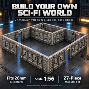 May include: A 27-piece modular wall set for 28mm miniatures at 1:56 scale. The gray, industrial-style wall segments feature geometric paneling, doorways, and integrated lighting details, designed to build a custom sci-fi world structure.