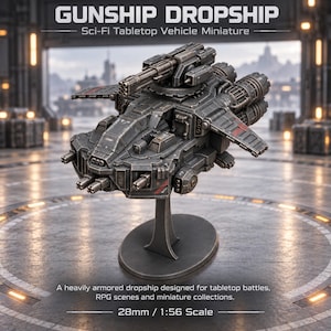 May include: A dark gray sci-fi gunship dropship tabletop vehicle miniature with a rotating top cannon, multiple side-mounted guns, and rear thrusters. The model features red markings on the wings and is mounted on a black circular display stand.