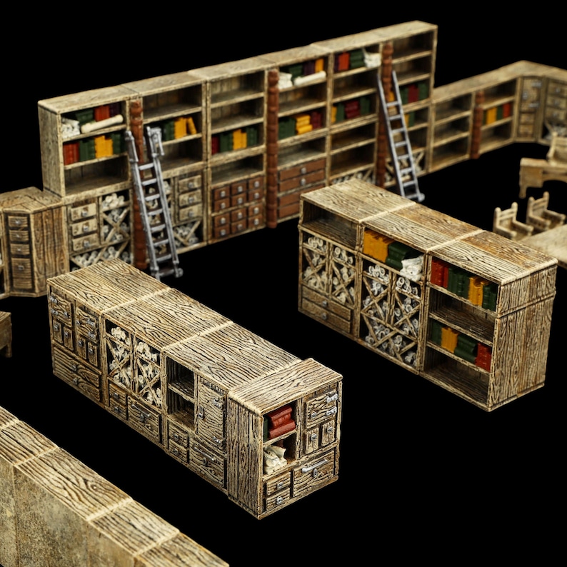 May include: Wooden miniature library set with bookshelves, drawers, and ladders. The shelves are filled with colorful books and decorative items. The set is designed with a rustic, aged appearance, perfect for tabletop gaming or display.