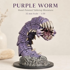 May include: A hand-painted purple worm tabletop miniature on a black circular base. The creature features segmented armor, sharp off-white teeth, and a dark interior mouth. Text reads: PURPLE WORM, Hand-Painted Tabletop Miniature, 32 mm Scale, 1:50.