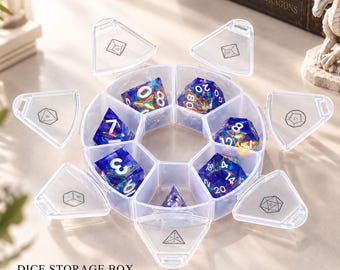 Puede incluir: Una caja de almacenamiento circular de plástico transparente con siete compartimentos individuales, cada uno con un dado poliédrico iridiscente multicolor. Las tapas con bisagras presentan contornos grabados de varias formas de dados, incluidos d4, d6, d8, d10, d12 y d20.