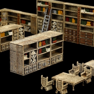 May include: A collection of miniature wooden furniture pieces, including bookshelves, a table, and chairs. The bookshelves are filled with tiny books in various colors. The furniture has a rustic, aged appearance, with visible wood grain and detailed carvings.