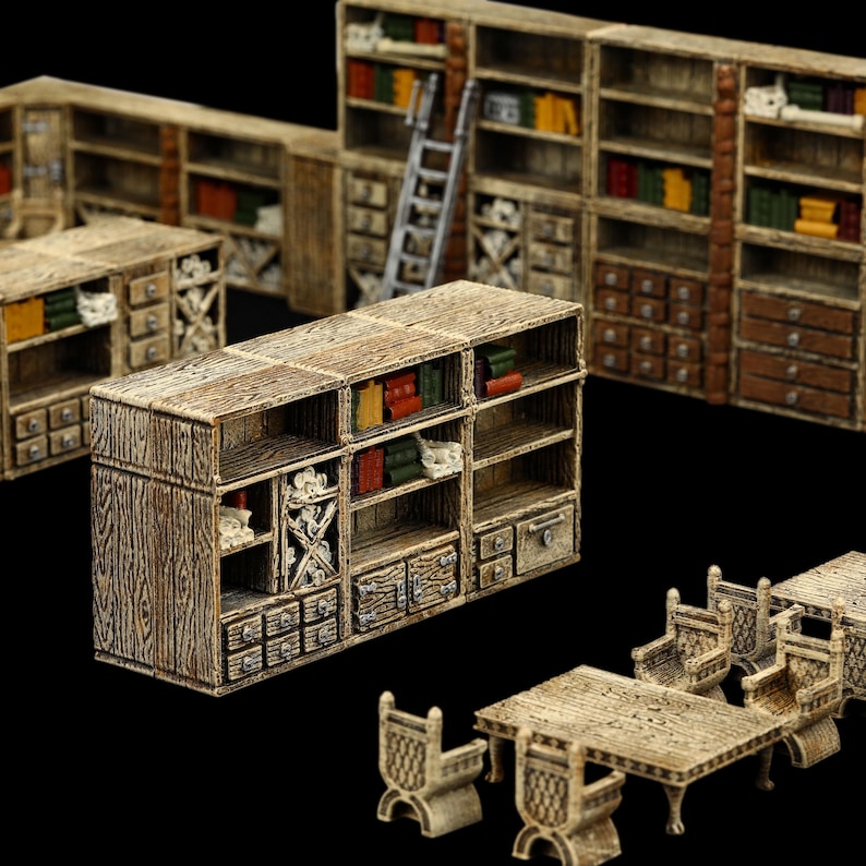 May include: A collection of miniature wooden furniture pieces, including bookshelves, a table, and chairs. The bookshelves are filled with tiny books in various colors. The furniture has a rustic, aged appearance, with visible wood grain and detailed carvings.