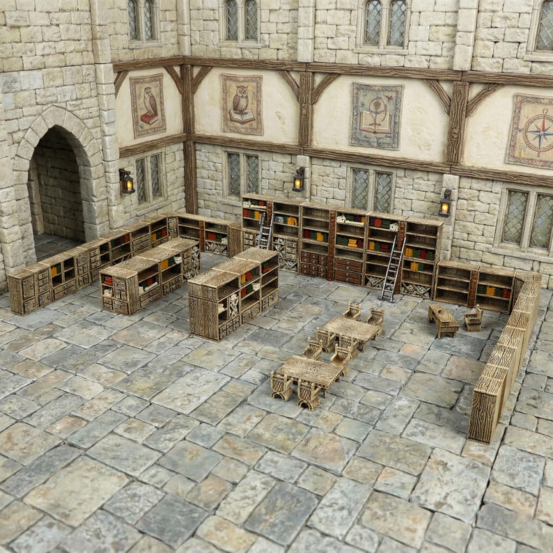 May include: A detailed diorama of a medieval library or study, featuring multiple bookshelves filled with books, tables, chairs, and a stone floor. The walls are made of stone and wood, with decorative artwork and windows.