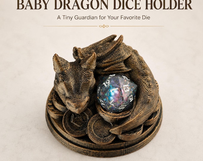 Baby Dragon Dice Holder, Fantasy D20 Display Stand, Tabletop Decor (7cm W x 4.5cm H)
