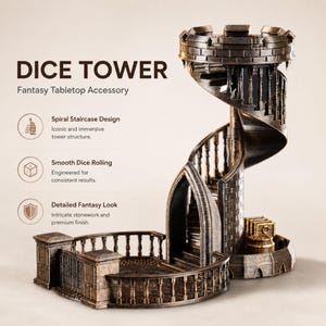 Könnte beinhalten: Ein bronzefarbener Würfelturm mit Wendeltreppendesign, einem runden Sockel mit Geländer und einem kleinen Fass. Der Text DICE TOWER Fantasy Tabletop Accessory ist zusammen mit Aufzählungspunkten zur Struktur zu sehen.
