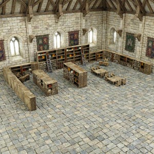 May include: A detailed interior scene of a library or study. The room features stone walls, arched windows, and wooden bookshelves filled with books. There are also tables, chairs, and decorative tapestries, creating a historical or fantasy setting.