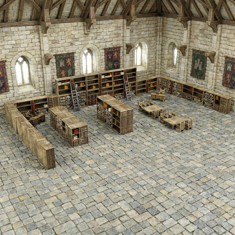 May include: A detailed interior scene of a library or study. The room features stone walls, arched windows, and wooden bookshelves filled with books. There are also tables, chairs, and decorative tapestries, creating a historical or fantasy setting.