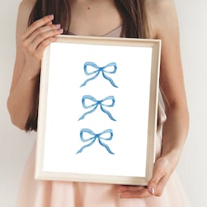 Blue Ribbon Bow Watercolor Wall Art Print, Hamptons Grandmillennial, Coastal Grandmother, Cottage Core, Feminine Home Decor DIGITAL DOWNLOAD
