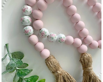 Pink Rose Chinoiserie Gratitude Beads with tassels, Hamptons Style wood bead garland, floral home decor, Primrose Collection