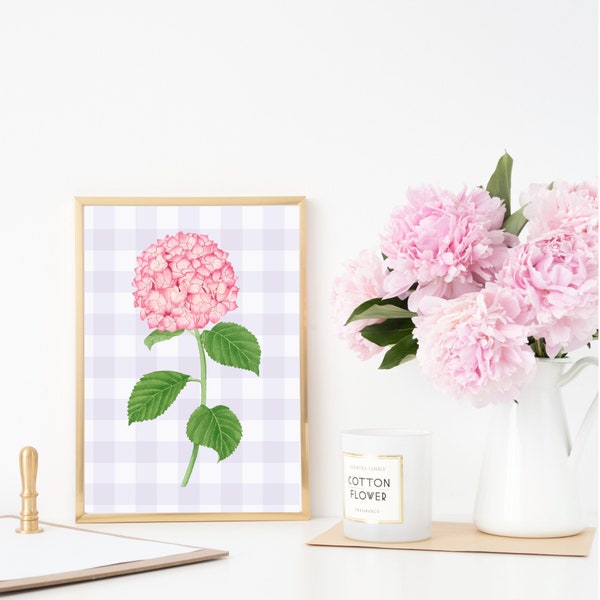 Pink Hydrangea Lilac Wall Watercolour Art Print, Hamptons Provincial Floral Gingham Farmhouse Wall Decor, Grand millennial INSTANT DOWNLOAD