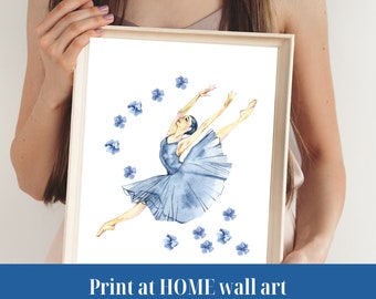 Blue Hydrangea Watercolor Art Print: Ballerina Wall Decor, Floral Painting, Home Gallery, Ballet Studio, Gift for Her - PRINTABLE ART