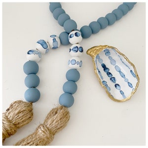 East Coast | Gratitude Beads | Wood Bead Garland | Hamptons Style | Blue and White | Coffee Table | Gift | Tiered Tray | Beach | Coastal |