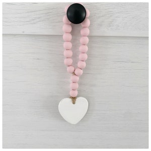 Mini Looped Gratitude Beads | Farmhouse | Wood Bead Garland | Pink and White | Hamptons | Clay Heart | Tiered Tray Decor | Drawer Pull