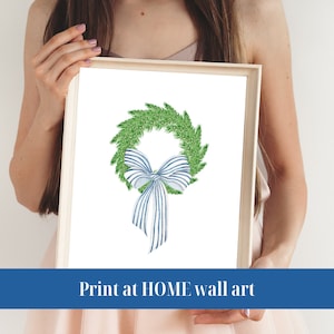 Christmas Wreath with Blue Bow Watercolor Wall Art Print, Hamptons Grandmillennial, Cottage Core, Home Decor, Printable Instant Download