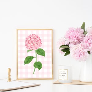 Pink Hydrangea Wall Watercolour Art Print, Hamptons Provincial Floral Flower Gingham Farmhouse Wall Decor, bedroom wall art INSTANT DOWNLOAD