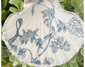Decoupaged Chinoiserie Blue and White Porcelain patterned Scallop Shell Jewellery Dish gift for ocean lover