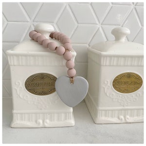 Mini Looped Gratitude Beads | Farmhouse | Wood Bead Garland | Tea Rose & Grey | Hamptons | Clay Heart | Tiered Tray Decor | Drawer Pull
