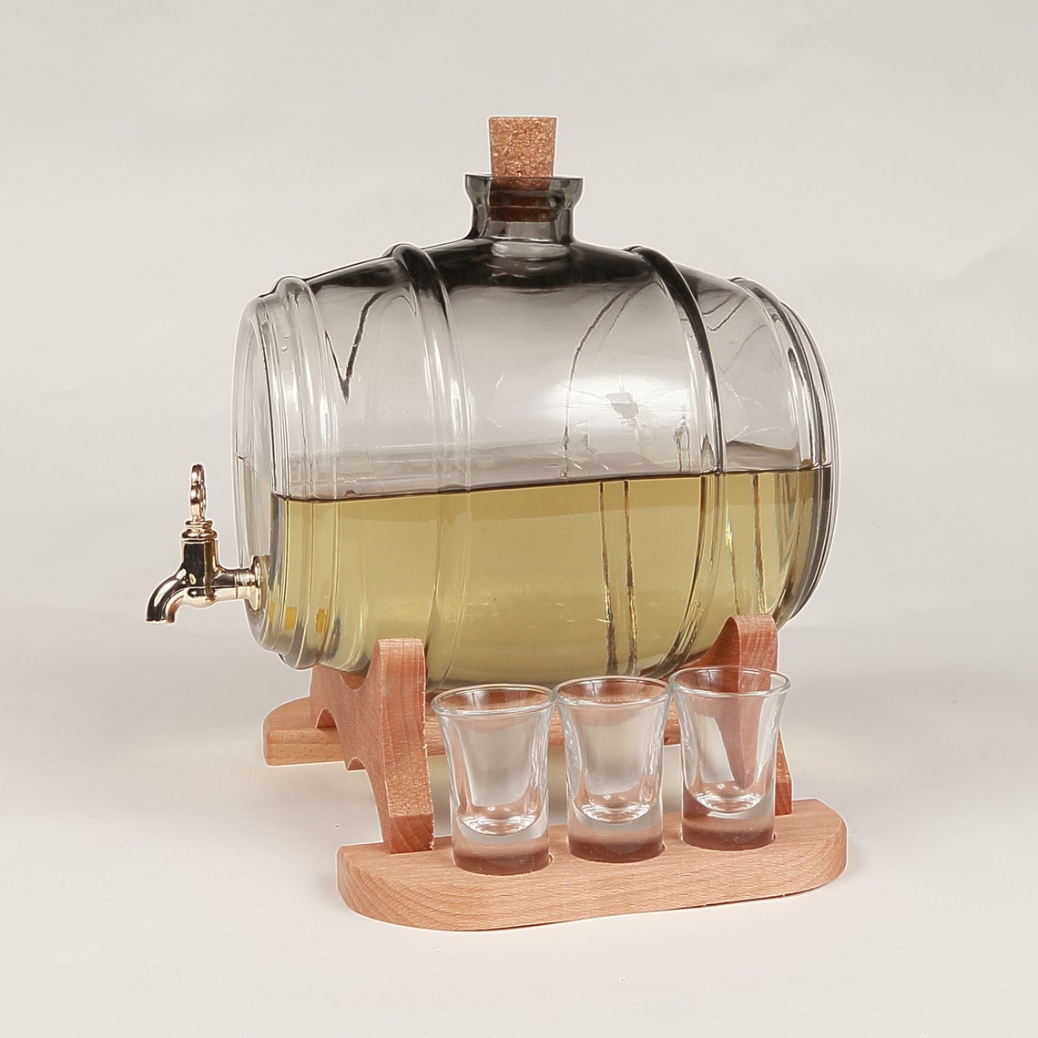 Glass barrel spirit dispenser on wooden stand for brandy Etsy
