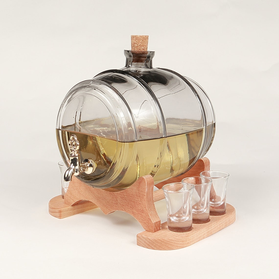 Glass barrel spirit dispenser on wooden stand for brandy Etsy