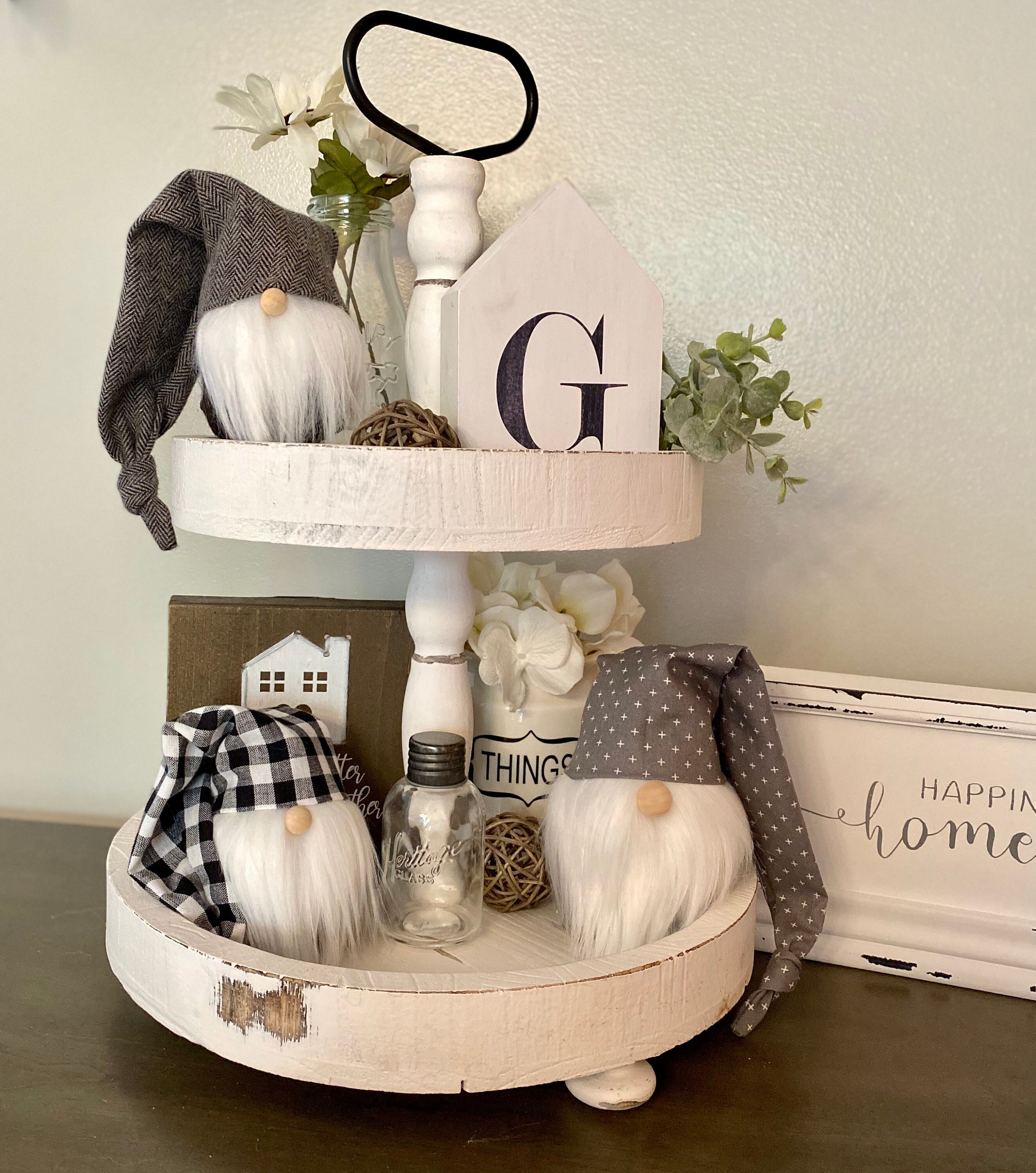 Farmhouse gnome, Tier tray gnome, Buffalo plaid tiered tray decor, Fa…